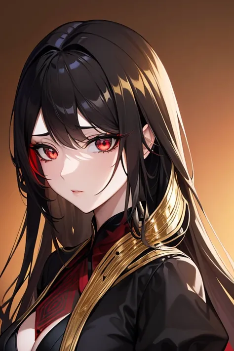 best quality, super fine, 16k, incredibly absurdres, extremely detailed, delicate and dynamic, beautiful woman, (eyes with black, gold and red gradient:1.3), captivating look, aroused expression, black butler suit outfit