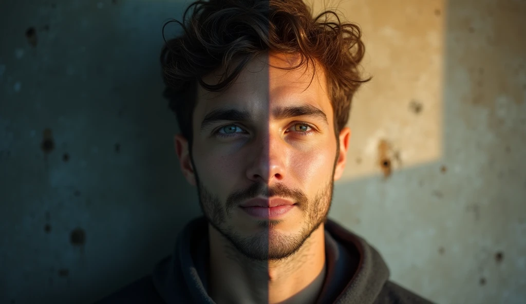 A split-screen image: On the left side, a tired and weak young man looking exhausted, with dark circles under his eyes. On the right side, the same man looking strong, confident, and full of energy. The background is half dark and half bright, showing the ...