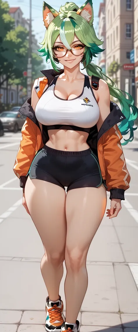 ultra-detailed, 1girl, solo, sucrosedef, ((masterpiece)), (best quality), (highres), 16K, orange eyes, green hair, multicolored hair, hair between eyes, long hair, ponytail, animal ears, wearing glasses, semi-rimless eyewear, jacket, sports bra, bootyshort...