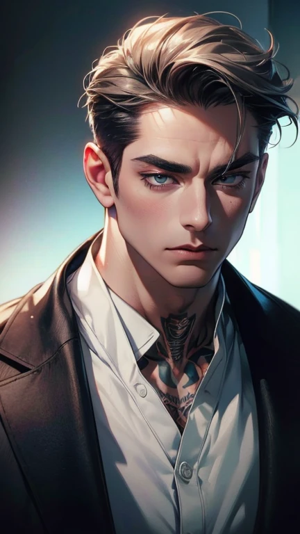 (      High quality. ,4K,8k,      highres,      masterpiece :1.2),      ultra-detailed    ,(realistic,photorealistic,photo-realistic:1.37),36-year-old man,10-day beard,Beautiful anime,Portraits,strong,Masculine,   with dark gray hair  ,sharp jaw,          ...