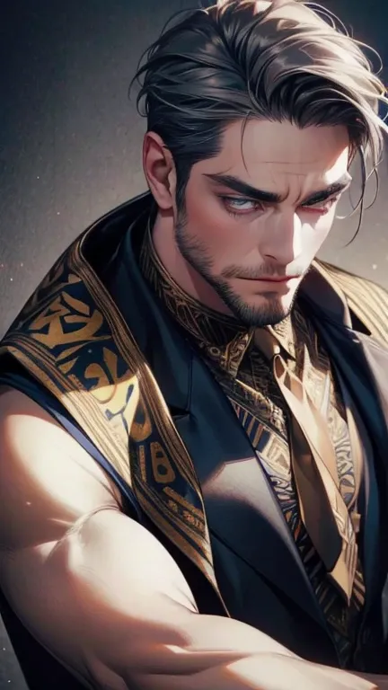 (      High quality. ,4K,8k,      highres,      masterpiece :1.2),      ultra-detailed    ,(realistic,photorealistic,photo-realistic:1.37),36-year-old man,10-day beard,Beautiful anime,Portraits,strong,Masculine,   with dark gray hair  ,sharp jaw,          ...