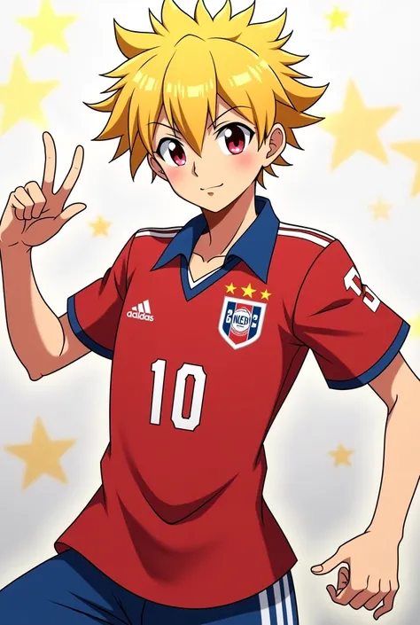 ( Artwork,   maximum quality , best quality, Official art, Beautiful and threatening aesthetic :1.2) Inazuma Eleven victory road  2 Oc Garçon Aux Cheveux jaune Et rose Aux Yeux rouge ecarlate stylé artificiel 
uniform de sports 