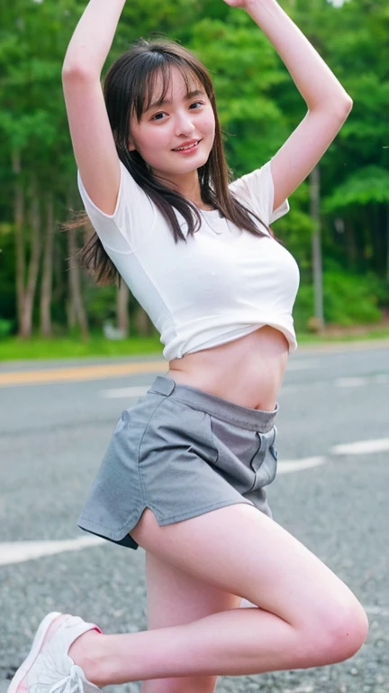  1 girl, solo,  high resolution,  Masterpiece,  top quality,  high definition model,  very detailed,  textured skin,  black hair,  shortcut,  Shiny Hair, Straight Hair,  big breasts, teeth,  happy/joy, smile、 Cheerleader、 short skirt、 is jumping、 I can see...