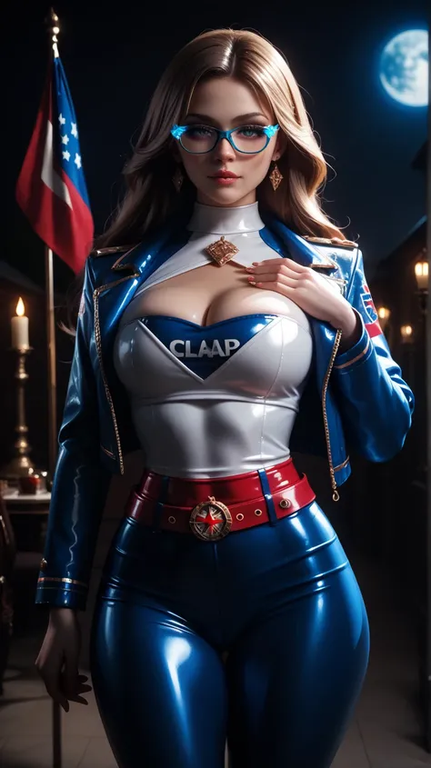  pretty girl,   masterpiece,  big ass,   wearing tight clothes,  wide hips, nsfv, fire reactor in the chest, Nice glasses, full moon, thunder claps , colored belt, beautiful jacket, decorations,  long hair, hip patterns, the Russian flag is in the hands of...