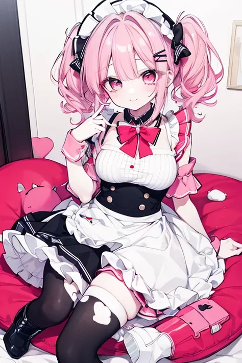  1 girl, Extremely detailed appearance ,  white skin,  long lashes,  red lips,  pink eye,  short hair,  Beautiful Long Legs ,  Light Pink Hair,  medium hair,  twin tails,  curly hair , Small hair accessories,  large accentuated breasts,  pink maid outfit l...