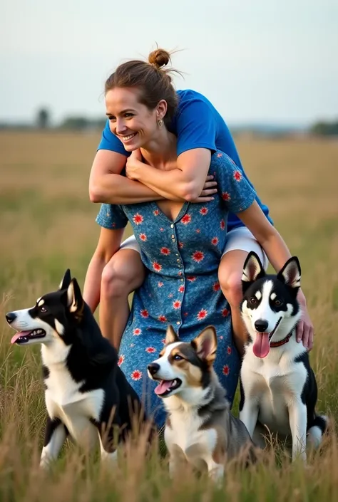  Generate a prompt to generate an image of an apparently 40-year-old woman in a field wearing a flowery blue outfit with shades of blue and red.  She is playing with her dogs .  She has a small gray mutt with little black details ,  a female Siberian rosqu...