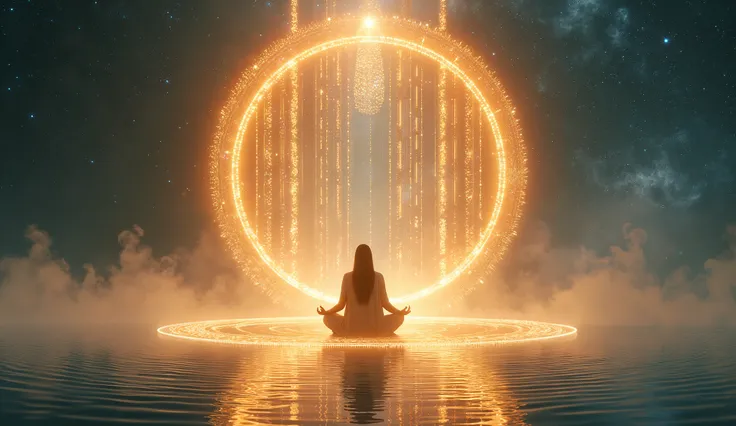 A circular structure floats on an ocean of liquid energy, its columns vibrating in tune with the sound of the universe. In the center, a meditator in loose, airy clothing rests on a cushion of golden mist, while shimmering waves expand around him, echoing ...