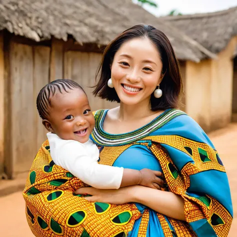 (( top quality)), (( Masterpiece)), ( Details), （ perfect face）、Ishihara Satomi, a young, beautiful, and pregnant woman holding a Ghanaian baby, is wearing a Ghanaian costume and smiling happily in a Ghanaian village、The couple wearing engagement rings 