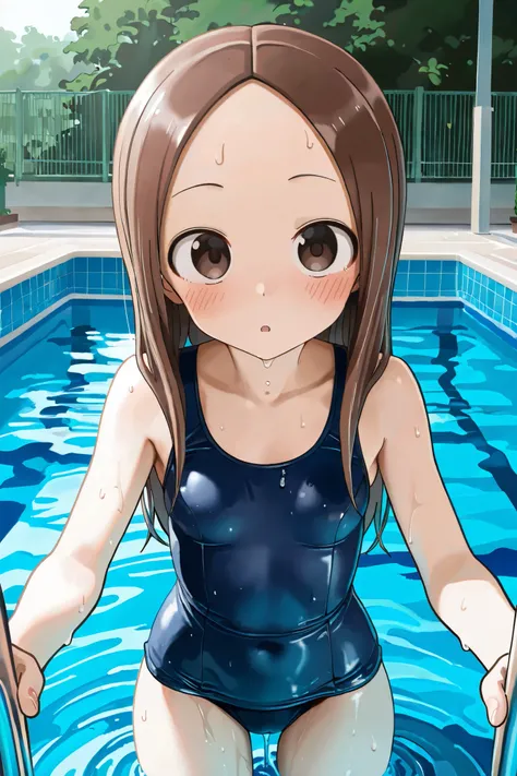 NSFW, Masterpiece, top quality, high resolution, very detailed,Takagi\(からかい上手のTakagi\), with long hair 、 Hair,Forehead、clavicle、 school swimsuit,Public swimming pool, body is wet from the sperm,Dripping Water,blush