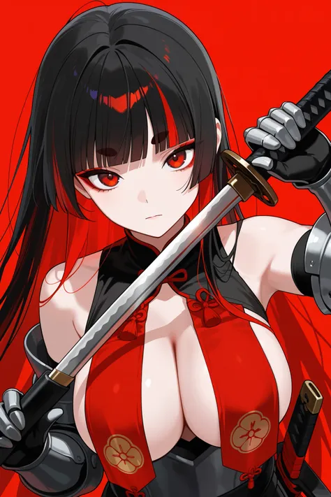 masterpiece,best quality, amazing quality, very aesthetic,newest, 1girl, breasts, weapon, solo, sword, red background, black hair, holding weapon, holding, unsheathing, large breasts, holding sword, gloves, looking at viewer, sheath, long hair, upper body, bare shoulders, black gloves, cleavage, short eyebrows, simple background, katana, blunt bangs, red eyes, closed mouth, makeup, eyeshadow, red hair, thick eyebrows, red eyeshadow, multicolored hair, breast curtains, gauntlets, red ribbon                                                                                                                                                                                                                                              