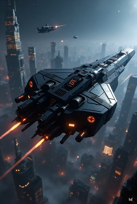 A futuristic cyberpunk combat spaceship