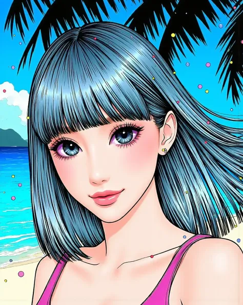 80's city pop art, summer scenery, crystal clear sea, tropical, beach, seascape, particles, (wind lines:1.2), bangs, medium length hair, cute, summer clothing, palm tree, blue sky, horizon, resort,   . (masterpiece, best quality:1.2)