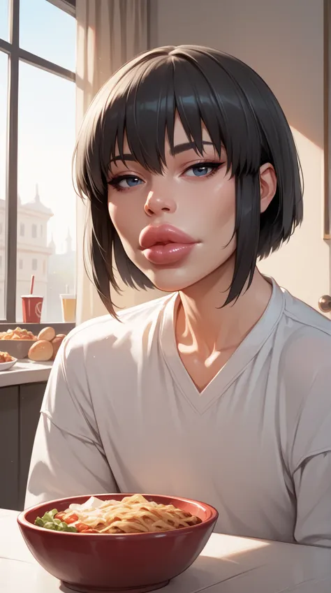 Uzaki, masterpiece,  best quality,  in a fast food uniform, portrait,  background is a fast food place, wide lips, huge glossy lips(huge lips:1.5),  Black hair; long bangs hiding the eyes, flat chested, portrait, bowl style hair cut, eyes hidden by hair, e...