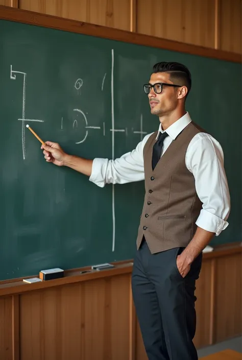 Cristiano Ronaldo wearing casual glasses, formal pants, formal black shoes, white long-sleeved shirt rolled up to the arms with an elegant brown formal vest, teaching soccer in a Japanese-style class by tapping with a wooden stick on the blackboard pointed...