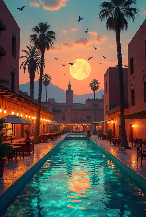 

"Create a visually striking, surreal depiction of Marrakech that blends reality with imagination. Focus on unexpected contrasts and hidden details to evoke the city's vibrant soul. Consider the following elements for inspiration:  

1. **Time-Bending Sce...