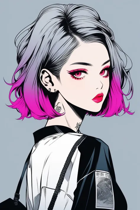  illustrator ,  Japanese comics ,  realistic , sketch , , ,lips,  beautiful face ,  very short office worker costume,  Irezumi tattoo ,Order , grey gradient background , Neon hair ,Texture Trim, (masterpiece, best quality)