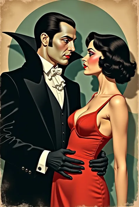 A vintage 1920s poster in pastel tones, depicting a dark, elegant vampire eyeing a seductive pin-up. The pin-up wears vibrant red clothes, contrasting with the aged and mysterious setting. The design is ultra-detailed, with authentic textures reminiscent o...