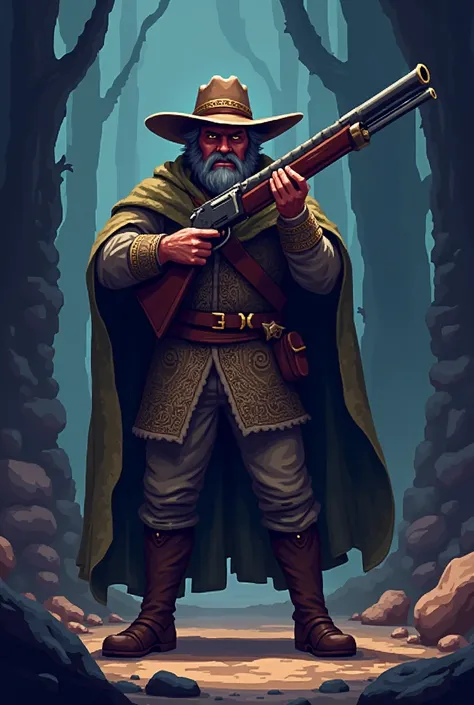 Medieval gunslinger with musket wearing medieval bounty hunter clothes in pixelated style