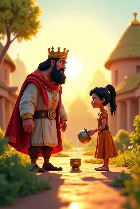 A king arrived in a village during a hunt, where he saw Zainab, the daughter of a poor farmer, pouring water. 3d cartoon in hots