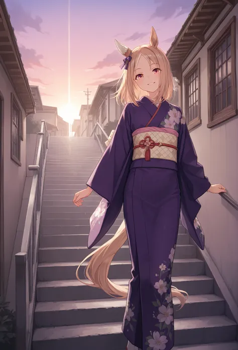 ,( high resolution),( high resolution), (unity 8k wallpaper),(            detailed image ),  Narita Top Road\( Uma Musume\) ,{   seductive smile   }  \( Uma Musume\),,{{{ kimono:1.8}}}:{{{ big Japanese sword}}},{Onigashima},{{{Woman standing at the top of ...