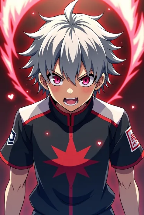 2 oc very threatening boy Reijo and Ryder from the anime Inazuma Eleven gray hair and pink eyes scarlet stylish artificial 
wearing the Okazen Gakuen team uniform with castle emblem behind him with giant photos full of Japanese references 
are very threate...