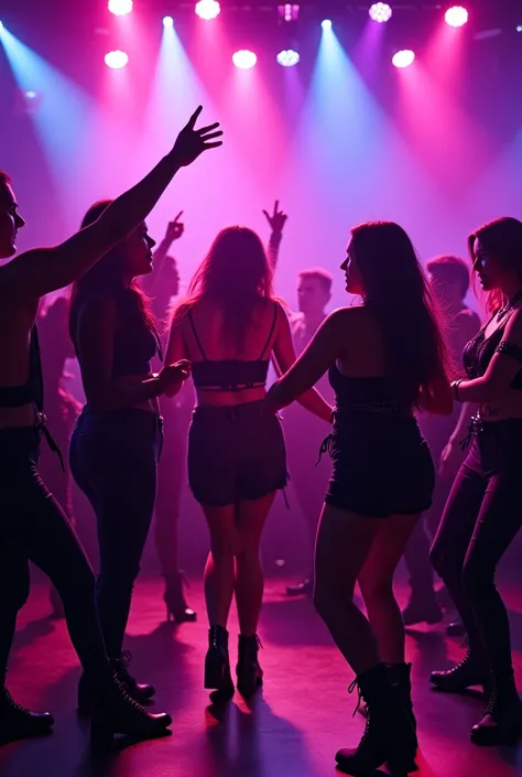 A vibrant disco with purple neon lights, Reds and blues,  creating an intense and energetic environment .  blouse in the foreground,  a group of boys and girls with regulatory and curvy bodies dance and jump with attitude, showing an alternative aesthetic,...