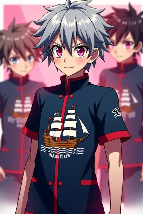 2 oc very threatening boy Reijo and Ryder from the anime Inazuma Eleven gray hair and pink eyes scarlet stylish artificial 
wearing the Okazen Gakuen team uniform with emblem of gigantic pirate ships and behind him with giant photos full of Japanese refere...