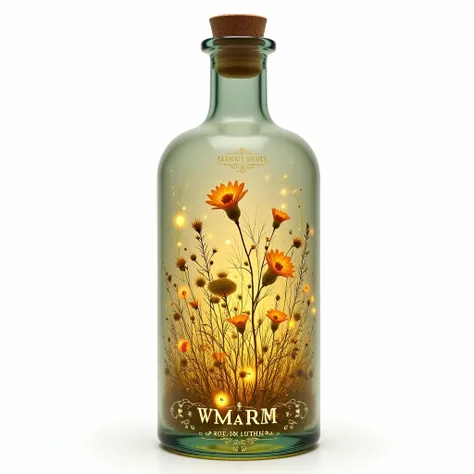 Translucent glass bottle, filled with pressed flowers and greenery, illuminated from within.  Detailed pressed botanicals, including wildflowers, grasses, and small plants, arranged artfully within the bottle.  Soft golden light emanates from the interior,...