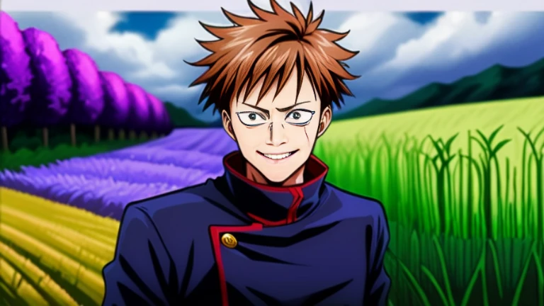 absurdres, best quality, high resolution, perfect lighting, (high detail), \(jujutsu kaisen\), 1 guy, upper body, vest, black uniform, unique uniform design, equipment, brown hair, purple iris, smile, scar, happy facial expression, pose, cornfield, cloudy,...