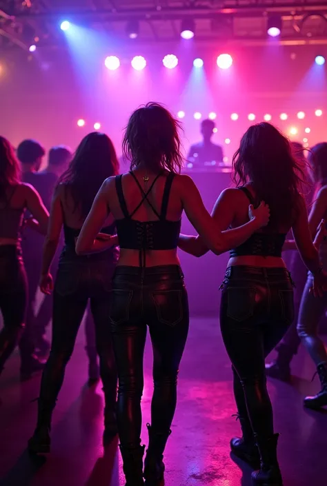 A vibrant disco with purple neon lights, Reds and blues,  creating an intense and energetic environment .  blouse in the foreground,  a group of boys and girls with regulatory and curvy bodies dance and jump with attitude, showing an alternative aesthetic,...