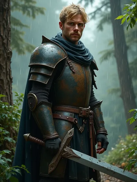  young outlaw knight, black 7 brown worn armor,  blond short hair, Beard, Zweihänder,  masterpiece, Forest rain