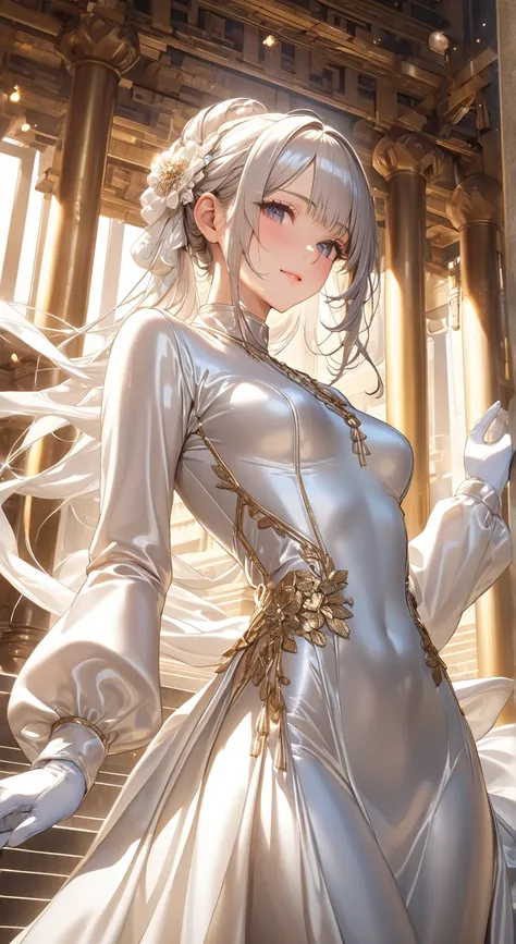  portrait 、god々Shining light、( masterpiece, top quality,  ultra high resolution ),Extremely detailed CG, Japanese Women,(( beautiful face)),(( long sleeve long sleeve dress made of shiny white silk satin in a luxurious temple))、((The dress has a simple des...