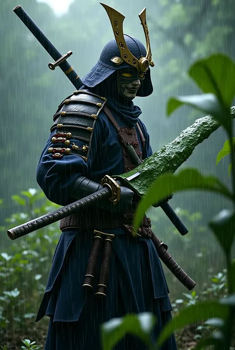 Masked samurai cutting a green leaf in half in a raining environment 