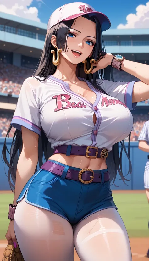 Close mouth,Milf, motherly, Fitgirl, Score_8_up, Score_7_up,  break, Best Quality, Beautiful Skin, Boa Hancock, Black Hair, blue eyes, Long Hair, forehead, Large Breasts, gyaru, 1girl, baseball_uniform, hat, sportswear, shorts, breasts, belt, baseball_cap,...