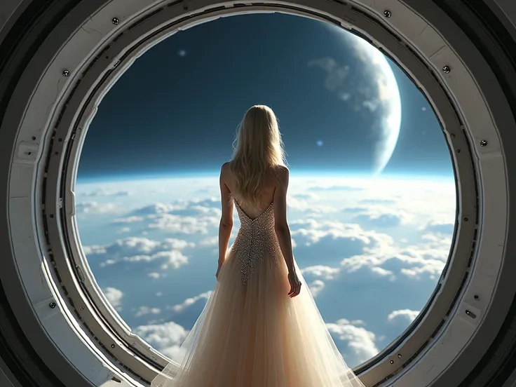 12K.  Ultra Realistic. Create a view from a spaceship, from which you can see planet Earth, and in the distance you can see its satellite, the Moon. Futuristic ship,  with an open view of space. There's a blonde standing there,  with long hair,  amazing fi...