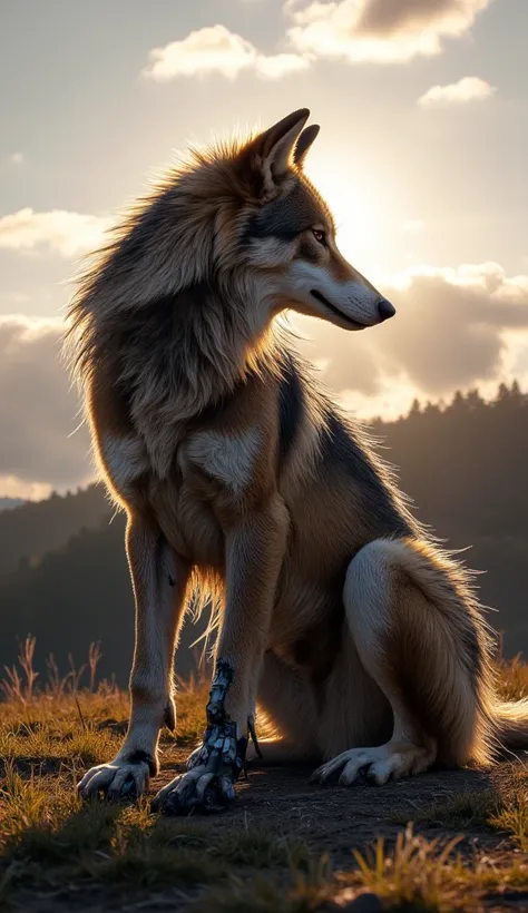 "The wolf sits atop a small hill, gazing at the horizon with a weary expression. His left leg is injured, and his fur is unkempt. The golden evening light casts long shadows on the ground, enhancing the melancholic atmosphere."
