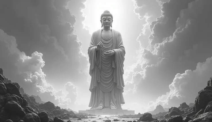 En style porcelaine，Au loin, A huge, a large Buddha statue stands in space，Regarder la Terre，Statue de Bouddha debout，with bright light，Effets de lueur，Pilgrims on the way，Hyperrealistic，Ultra-Photo-Realism，real photography，8k，high resolucion，High quality，...