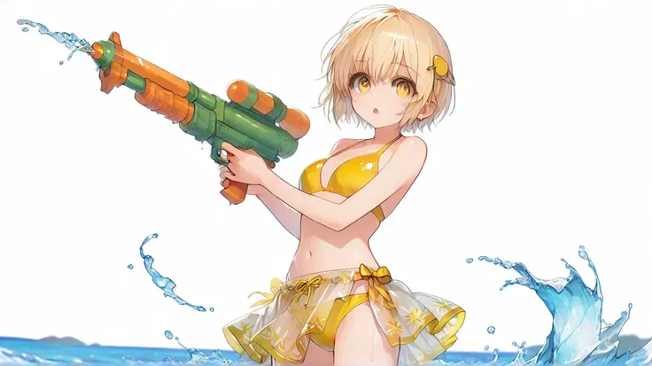 A female woman in her 30s, with blond (semi-short hair), (golden eyes), wearing a mustard-yellow swimsuit and a ((white (transparent) wraparound skirt)), shooting water from a (brown water-gun), in a tropical beach, high detail, high quality, masterpiece, ...