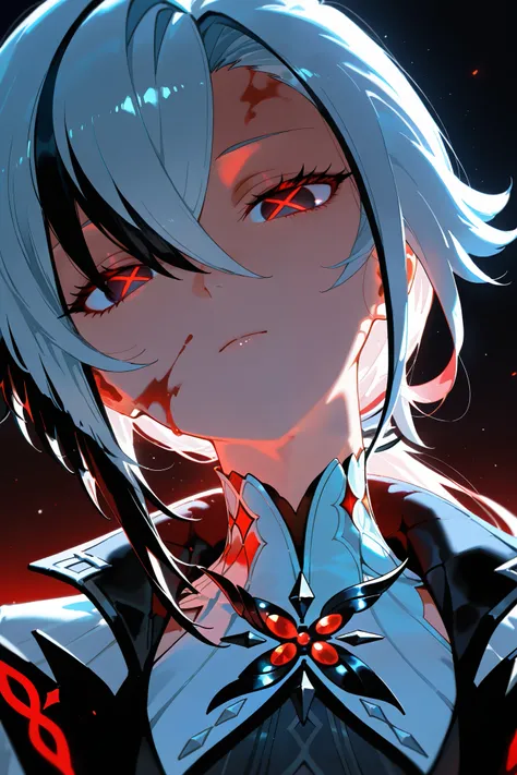 masterpiece, best quality, amazing quality, very aesthetic, newest, hyper-detailed, 1girl, arlecchino \(genshin impact\), portrait, close-up, glowing eyes, head tilt, looking at viewer, blood on face, expressionless, (dark background:1.2), backlighting, re...