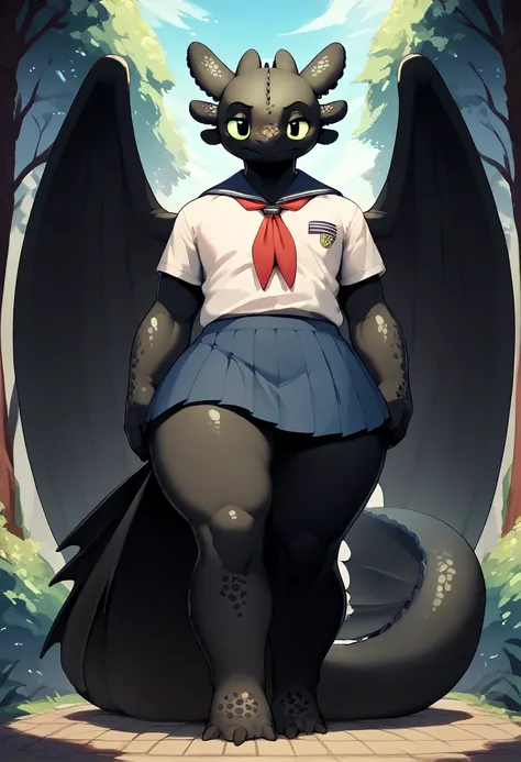 toothless/ light furry dragon big boy, huge large Wings and huge massive long tail , in the school uniform.