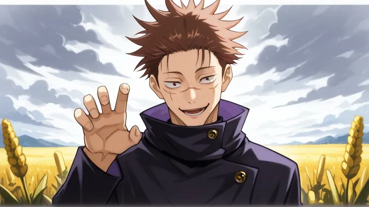 absurdres, best quality, high resolution, perfect lighting, (high detail), \(jujutsu kaisen\), 1 guy, upper body, vest, black uniform, unique uniform design, equipment, brown hair, purple iris, smile, scar, happy facial expression, pose, cornfield, cloudy,...