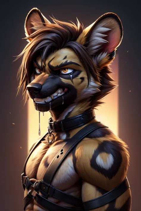  furry fandom illustrations nervous smile african wild dog,  mixed with a wolf ,  dark cream-colored fur ,   timid smile ,  with one swivel ear , solo portrait 1, muscles 1,(frowning:1.2), (pain:1.3), (  clenched teeth with drooling :1.3), , (, Mad   :1.5)...