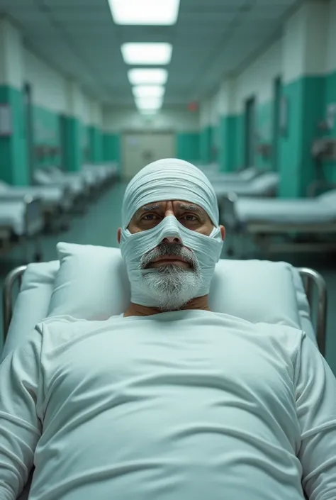 Man in a hospital ward with bandages covering his face 