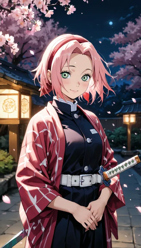 1girl, Haruno Sakura, Green eyes, demon slayer uniform, red yukata, sword, night, cherry tree, pink hair, masterpiece