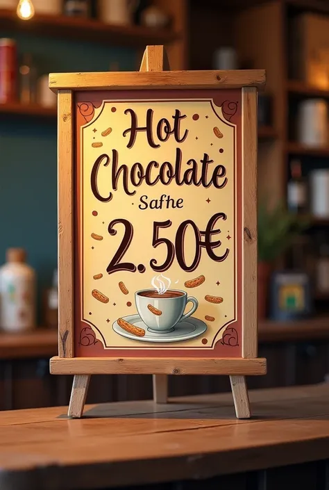 Now a sign for a coffee shop that hot chocolate with churros costs 2.50 euros