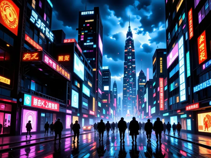 create  city building vector, neon glow theme at rainy night