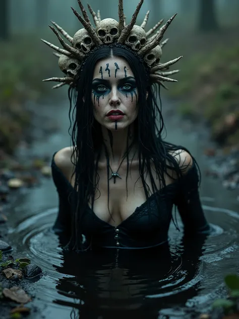 Beautiful necromancer goddess woman rising from a black goo puddle,a spiked crown made from giant bones and skulls on her head,dark makeup on her face, majestic eyes and dark tight wet shirt, dark surreal photography, dark art,dark realistic art, melanchol...