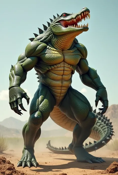 MUSCULAR AND STRONG HUMANOID ALLIGATOR WITH HUMAN ALLIGATOR HEAD AND SHARP TEETH AND TAIL HUMAN ARMS AND LEGS COMBINING FIERCE AND HUMAN FEATURES IN IMPETE DESIGN CLEAR LANDSCAPES