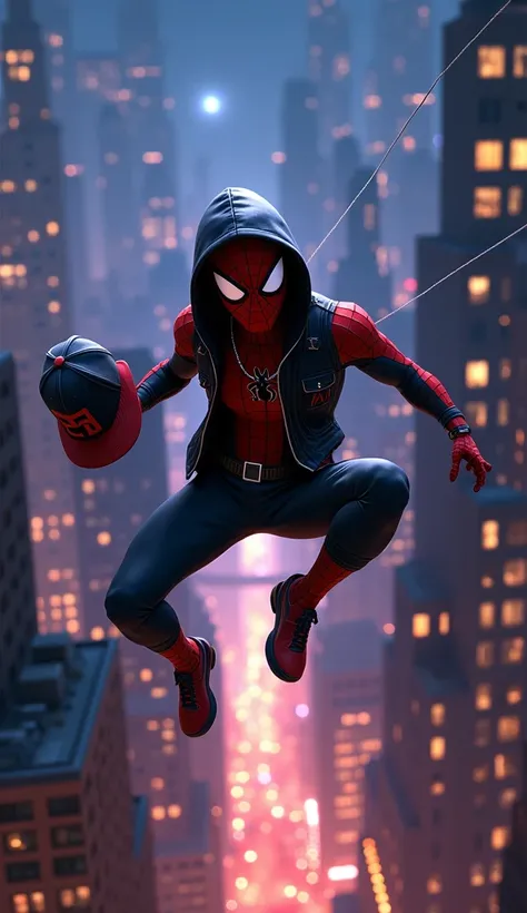 "Hip-hop Spiderman is jumping between New York skyscrapers. The wind is blowing, the hoodie is flying, and he is posing coolly with one hand holding a snapback hat. The night sky is filled with city lights and sparkling stars, animated 3D style, 8K quality...