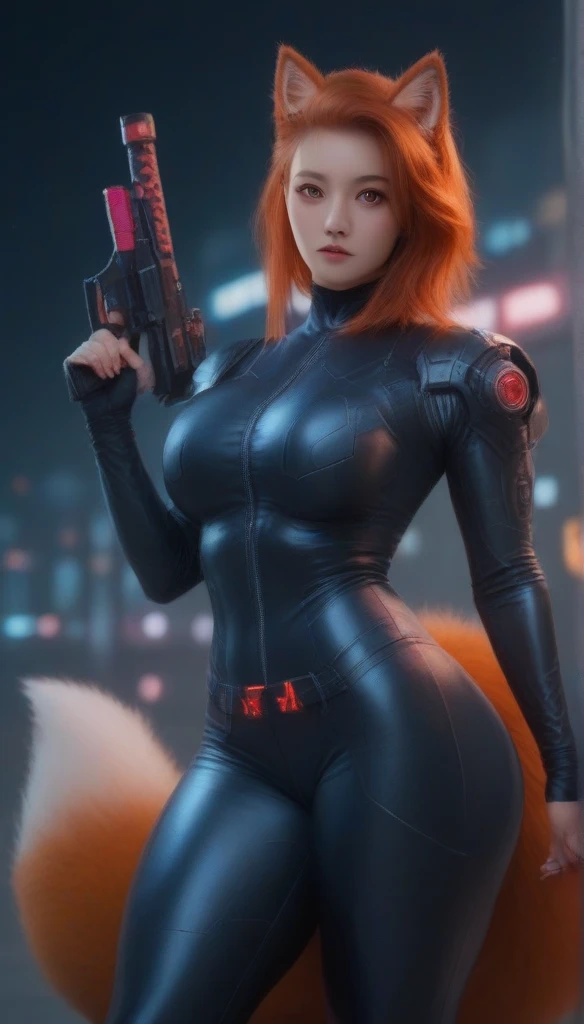 (Orange Hair /red eye) (Fox ear/ Fox tail) and foxgirl Woman dressed in black with mask and Korean sword katana all black cyberpunk clothes, wearing tech outfit and armor, photo of a woman wearing tech suit, dark sci-fi outfit, cyberpunk costume, female as...